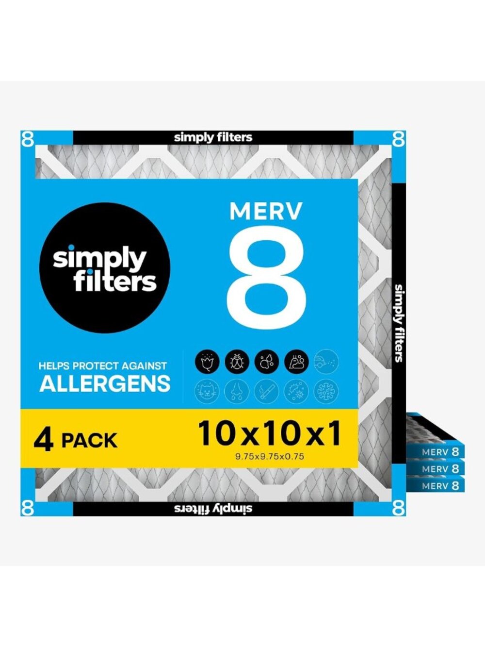 10x10 Air Filter MERV 8 - 4 Pack for Home AC, Furnace & HVAC - Dust & Allergy
